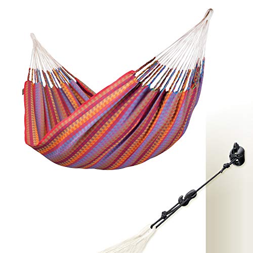 LA SIESTA Carolina Flowers - Klassische Doppel-Hängematte aus Baumwolle + CasaMount Black - Mehrzweck-Befestigung