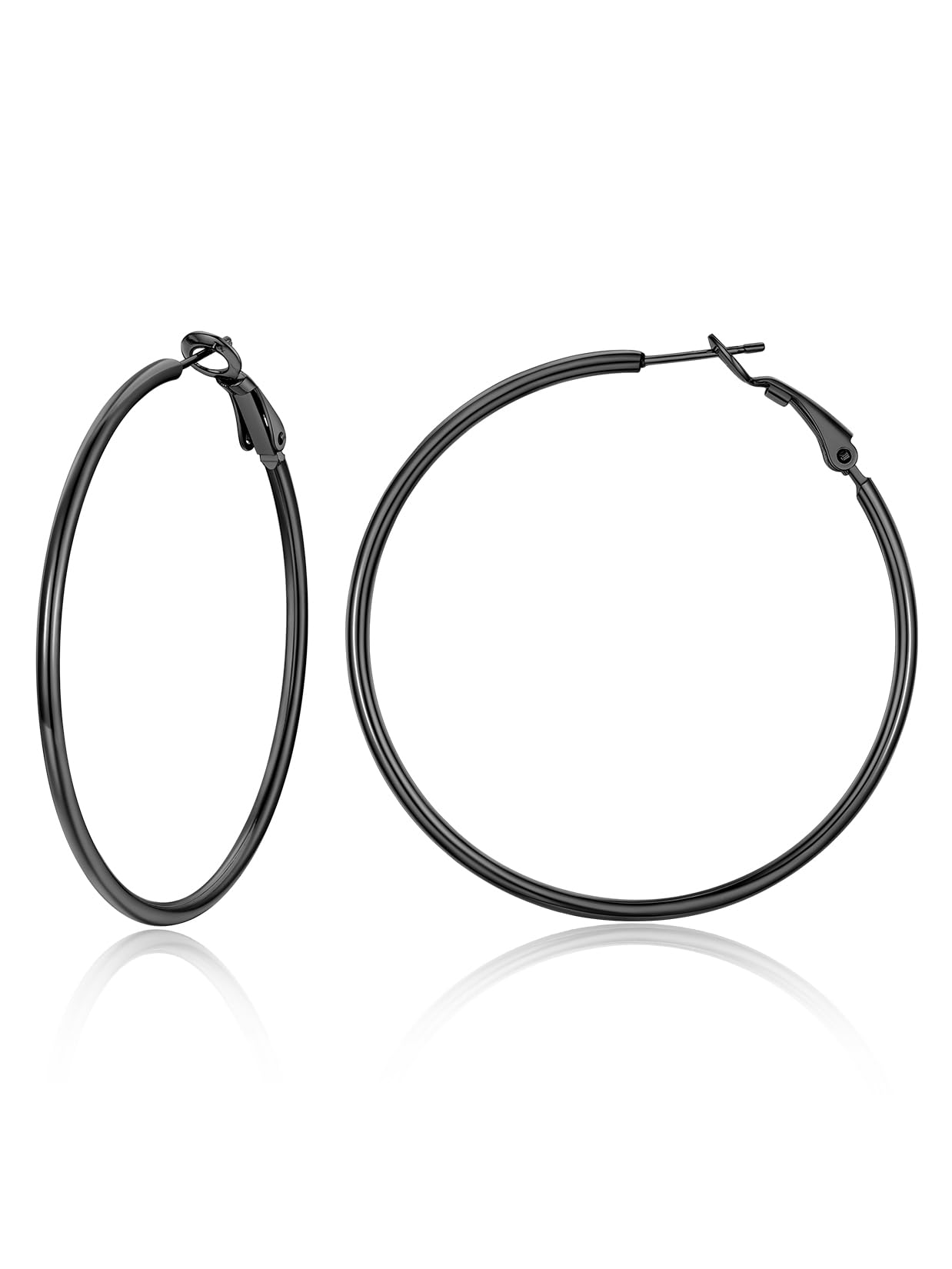 Suplight 50mm Black Hoop Earrings for Women, Medium Size Hoops, Minimal Stainless Steel Earrings