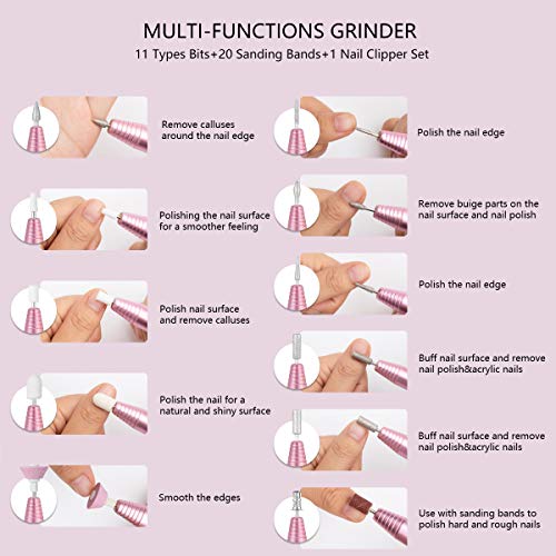11 in 1 Electric Nail Drill Set,Professional Portable Handpiece File Grinder Manicure Pedicure Tools with Nail Polish Clippers Kit, 20PCS Nail Sand Bands for Acrylic Gel Nails UL Certificate Adapter