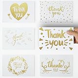 36 Unique Thank You Cards with Gold color text, 6 Elegant Greetings Design Thank You Note Cards 4 X 6 with self glued Envelopes for Birthdays,Weddings,Baby Showers,Graduations,Corporate Events.