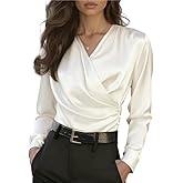 Women’s Satin V Neck Wrap Long Sleeve Top – Dressy Casual Business Blouse, Elegant Trendy Work Top