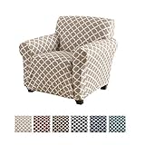 Home Fashion Designs Printed Twill Arm Chair Slipcover. One Piece Stretch Chair Cover. Strapless Arm Chair Cover for Living Room. Brenna Collection Slipcover. (Chair, Beige)
