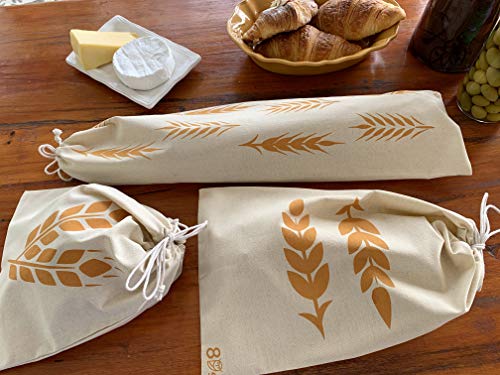 Linen Bread Bags for Artisan Homemade Bread - Reusable Food Storage - Baguette, Sandwich, and Boule Loaf Size Drawstring Bread Bag - Set of 3