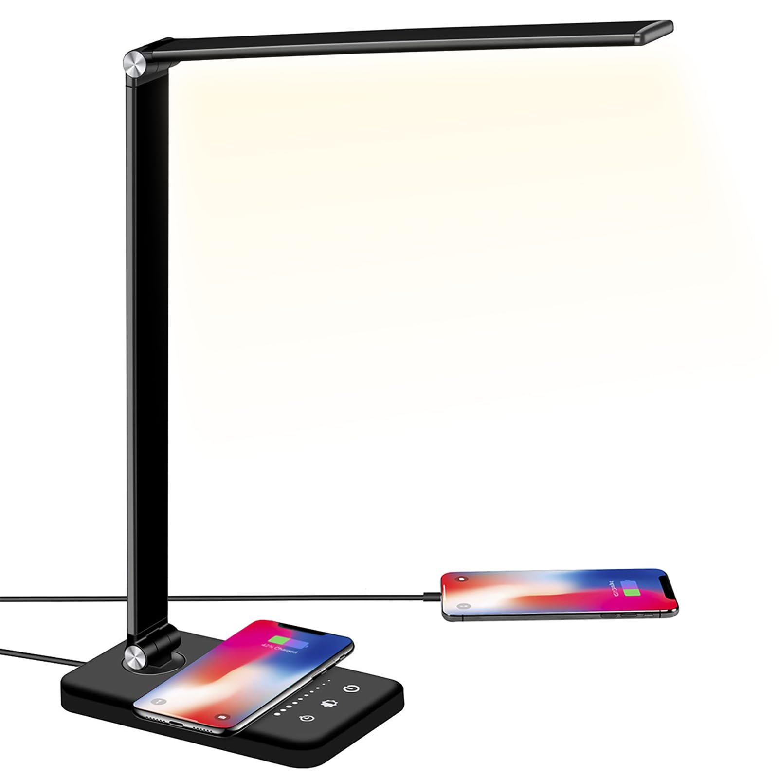 BIENSER LED Desk Lamp with Wireless Charging, USB Charging Port, 10 Brightness Levels, 5 Lighting Modes, Dimmable Eye-Caring Desk Lamps for Home Office, Touch Control, Auto Timer, 20W Adapter Included