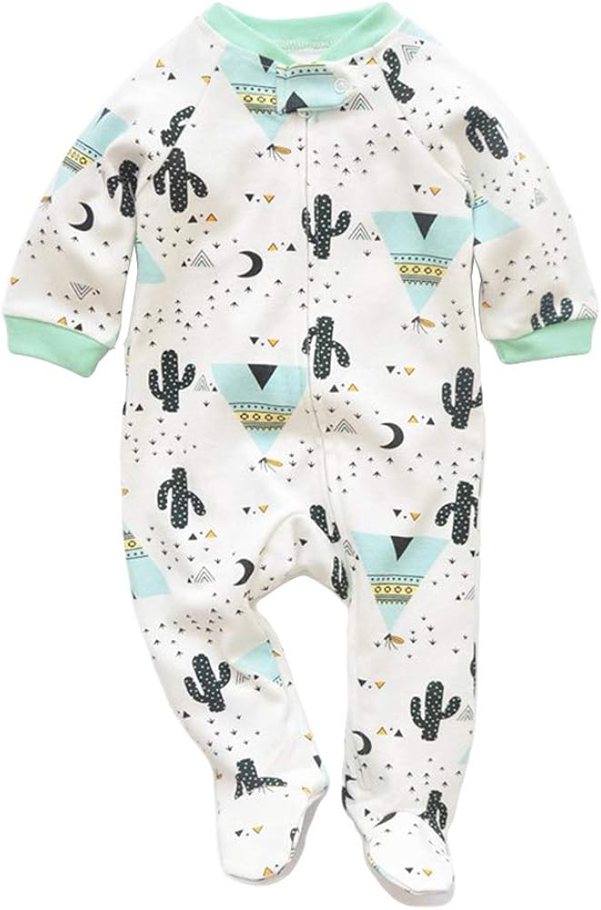 JunNeng Newborn Baby Cotton Footies Romper Infant Long Sleeve Animal Plant Printed Sleeper Pajamas One Piece: Clothing