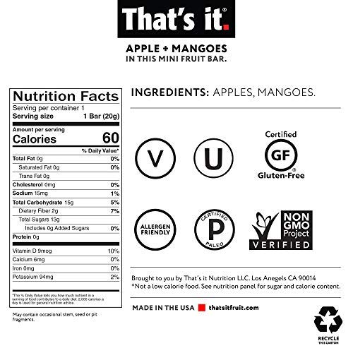 That's it. Mini's-Variety Pack 100% Natural Fruit Bar, High Fiber Vegan, Gluten Free Healthy Snack, Paleo for Children, Adults, Non GMO No Added Sugar, No Preservatives (Mango 5 Pack, Fig 5 Pack)