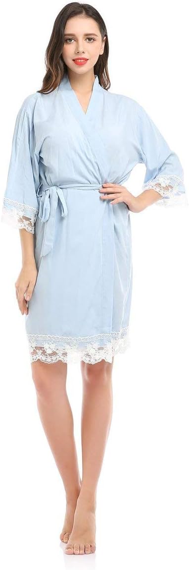 Sylvialuca Women Sexy Night Robe Home Suit Cotton Lace Edge Sleepwear Solid Loose 3/4 Sleeve Knee-length V-neck Nightgown Dress Bathrobe