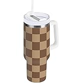 Tatenale 40 oz Tumbler with Handle Lid and Straw Leak Proof Insulated Stainless Steel for Water Coffee or Ice Tea Keep Cold or Hot Checkered Brown