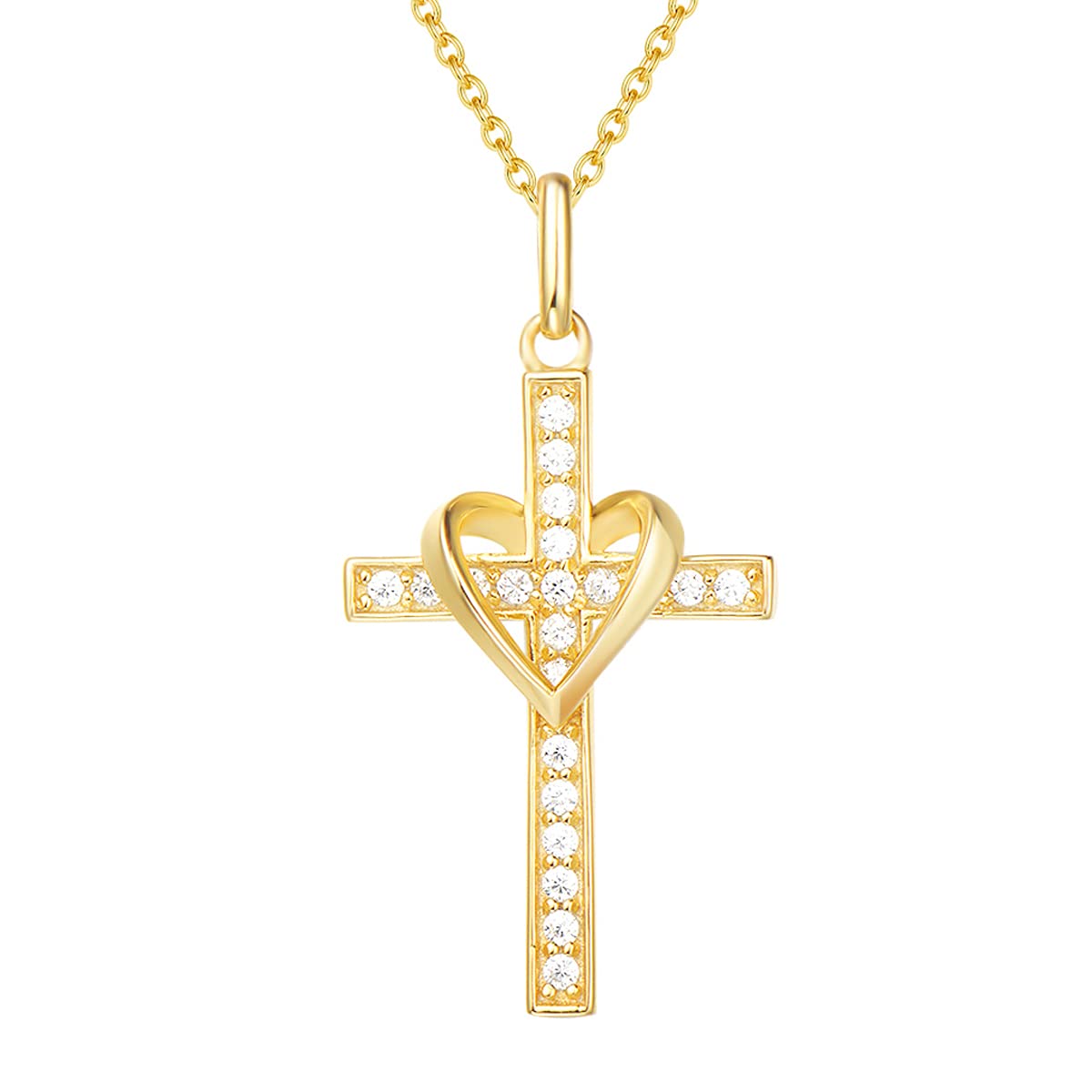 FANCIME 925 Sterling Silver Yellow Gold Plated Heart Shape Crucifix Necklace with Cubic Zirconia - Chain Length: 16 + 2 Inch