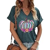 V Neck Fall Shirts for Women Pumpkin Graphic T Shirts Cute Halloween Tops Thanksgiving Tee