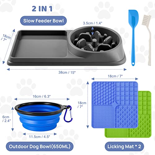 Odoland 2 in 1 Slow Feeder Dog Bowls and Licking Mat, Puzzle Dog Food Bowl with Premium Lick Pad and Outdoor Foldable Dog Bowl Anti-Gulping Interactive Water Dog Bowl