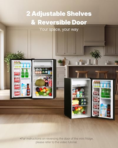Upstreman 3.2 Cu.Ft Mini Fridge with Freezer, Single Door Mini Fridge, Dorm Fridge, Adjustable Thermostat, Mini Refrigerator for Bedroom, Office, Dorm, Black-BR321