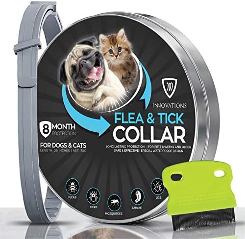 Flea and Tick Collar for Dogs and Cats with Flea Comb - Safe and Effective - Adjustable Waterproof Design - 8 Month Protection - for Small, Medium, Large Dog's - Natural Ingredients - by JDJ