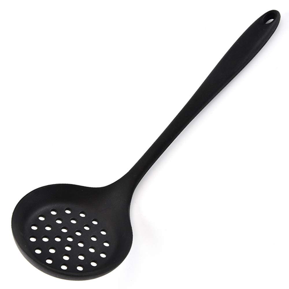 Skimmer Strainer Seamless Non-Stick One-Piece Silicone Slotted Spoon for Straining Vegetables（Black）