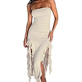 Morzq Women Ruffle Tube Dress Sexy Strapless Ruched Thigh Split Asymmetric Hem Tassel Midi Dresses
