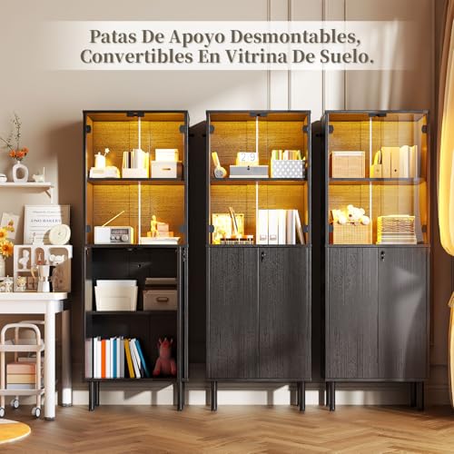 Simple Wisdom Vitrina Exhibidor,Vitrina con Puerta de Cristal y LED en la Parte Superior y Armario con Cerradura en la Parte Inferior,Librero Organizador,Archivero(Negro, 182X60 CM)
