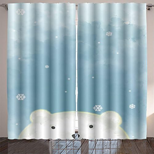 Homesonne illustration drawing of white polar bear over blue painting grunge background with snow flakes Room Bedroom Curtains 2 Panels for Kids Room Window Treatments 84x54 Inche