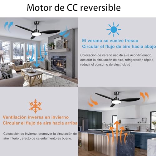 Ohniyou Ventilador de Techo de 52 Pulgadas con Luz y Mando a Distancia, Ventilador de Techo de Exterior Negro para Patios, Ventiladores de Techo Modernos para Sala de Estar Dormitorio