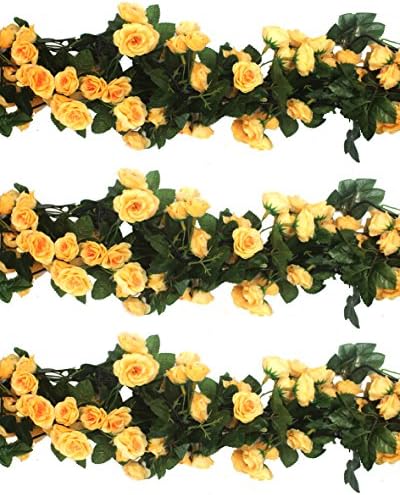 3pcs Artificial Rose Garlands Silk Fake Flowers Green Leaves Vine for Wedding Home Garden Party Decoration Backdrops (yellow)