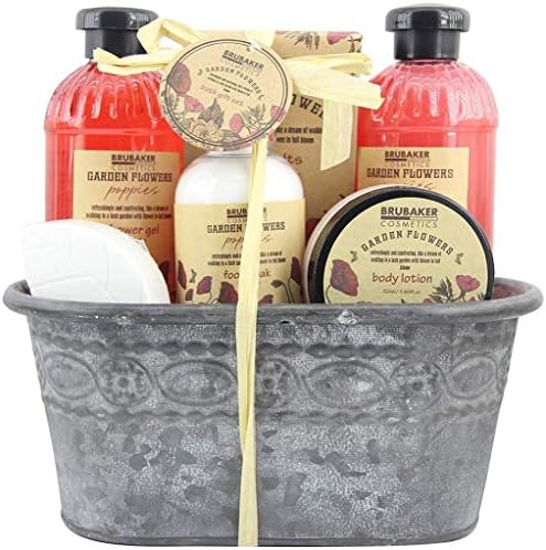 BRUBAKER Cosmetics 7 Pcs Bath Gift Set 'Garden Flowers' in Vintage Metal Tub - Red Poppies Scent - Home Spa Set