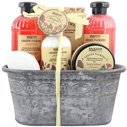 BRUBAKER Cosmetics 7 Pcs Bath Gift Set 'Garden Flowers' in Vintage Metal Tub - Red Poppies Scent - Home Spa Set