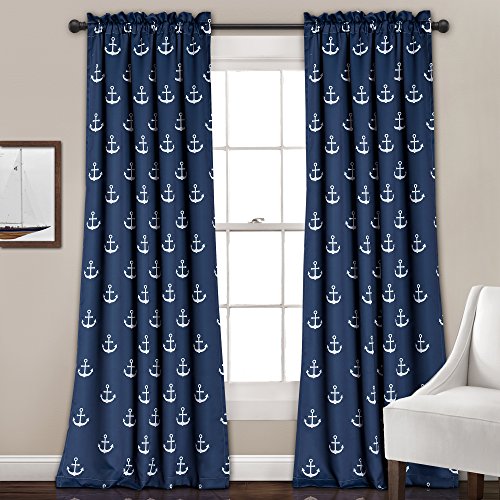 Lush Decor 16T000697 Anchor Room Darkening Window Panel Curtain Set, 84" x 52" + 2" Header, Navy