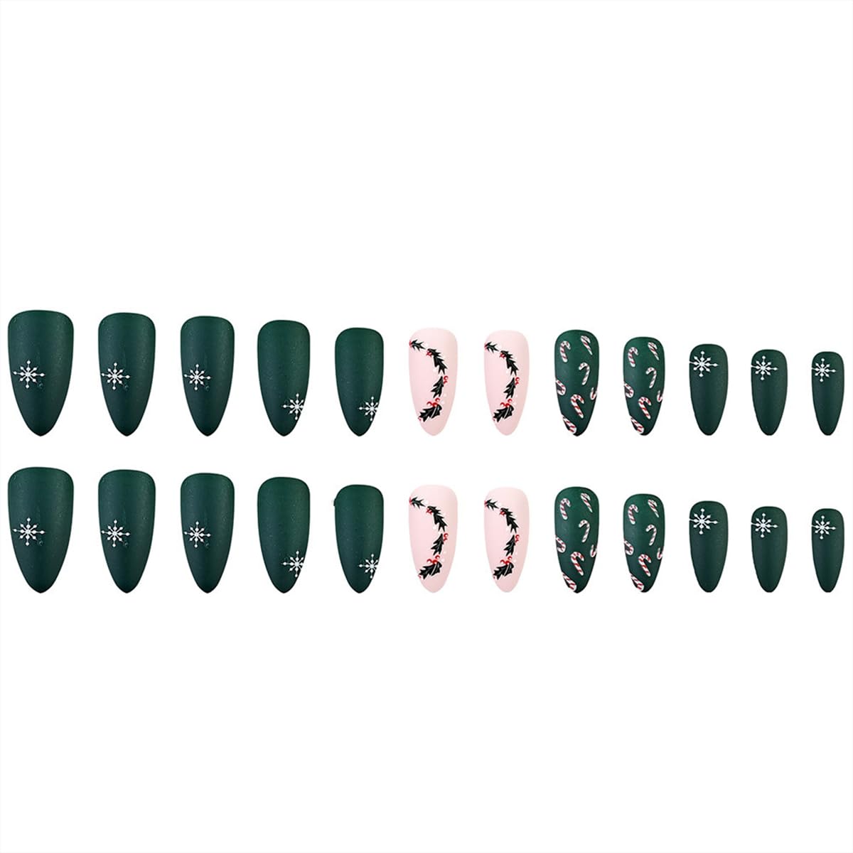 Christmas Press on Nails Medium Almond Fake Nails Winter Snowflake Acrylic Nails with Xmas Holly Candy Designs Full Cover Green Matte False Nails Cute Christmas Stick on Nails for Women, 24 Pcs - Image 5