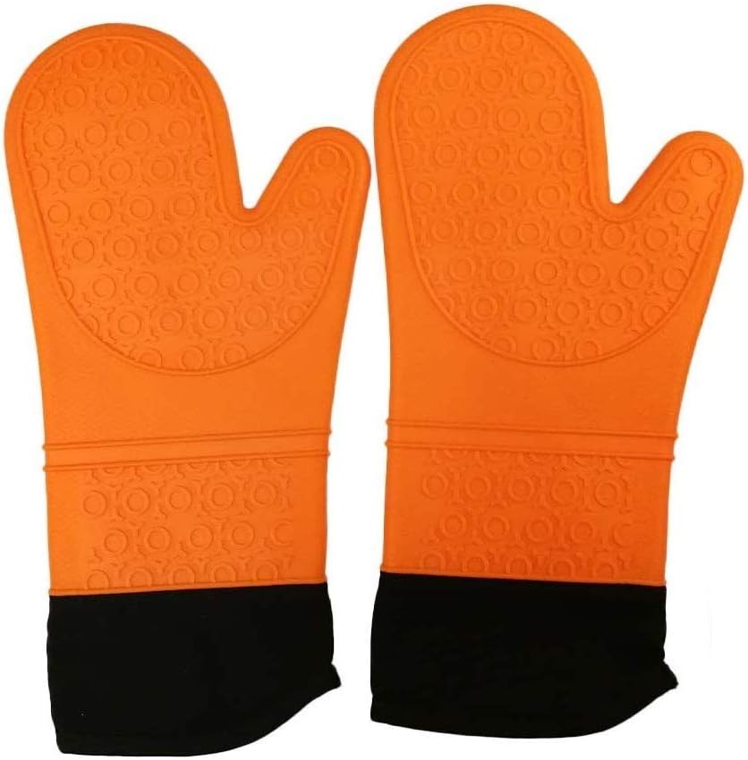 Shuban BBQ Gloves,Heat Resistant Silicone Grilling Gloves Waterproof BBQ Kitchen Oven Mitts - or Barbecue, Cooking, Baking,Smoker (Silicone+Cotton -Orange)