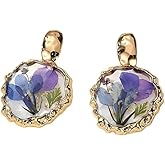Real Pressed Flower Dangle Earrings for Women, Handmade Boho Chic Floral Jewelry, Gold Tone Earrings Unique Pretty Valentine’s & Mother’s Day Gift for Women Girls Best Friend
