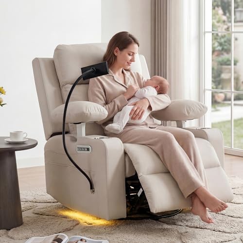 Rocking Chair Nursery with Adjustable Armrests,Power Recliner Chair, Beige