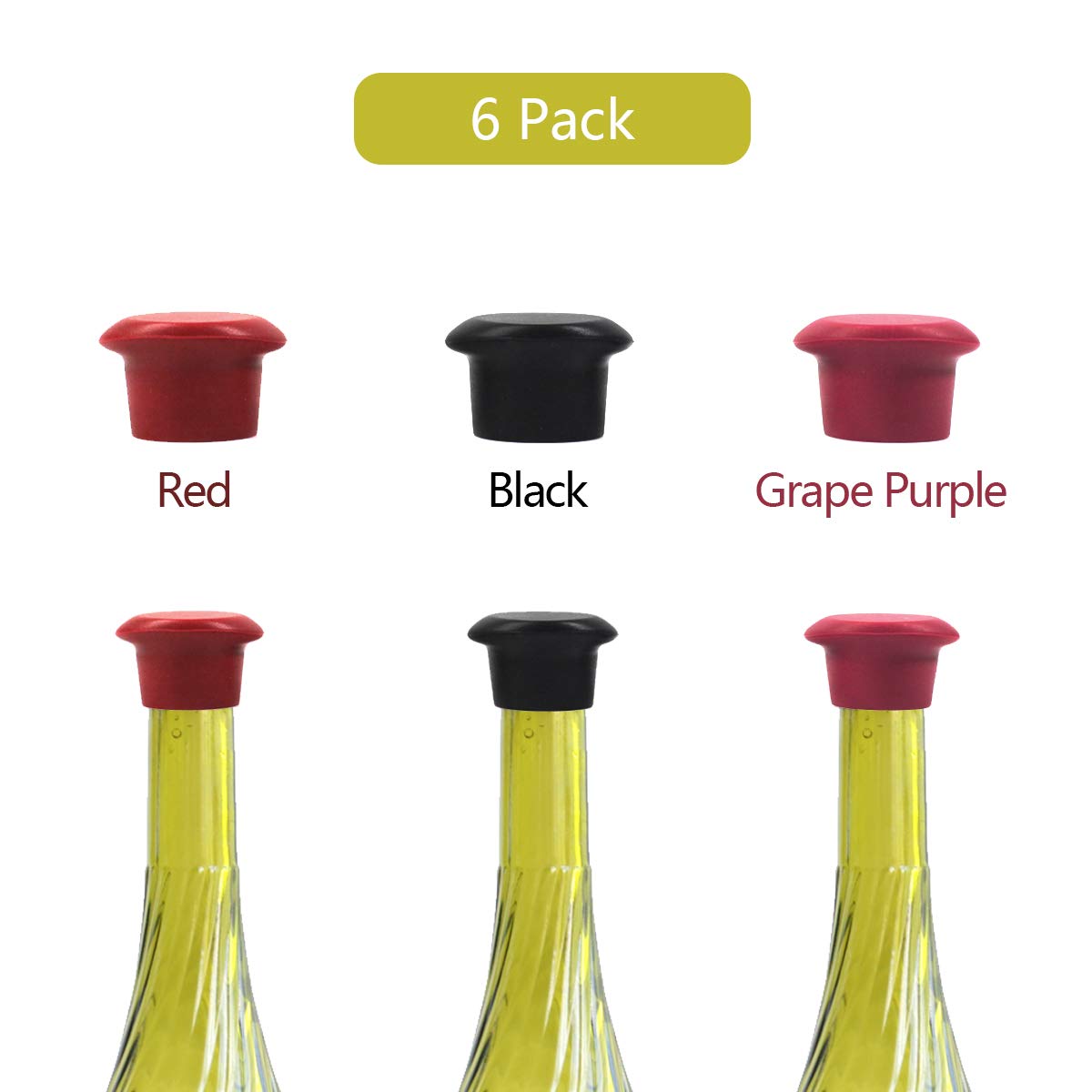 6 Wine Stoppers,Kitchenware Bottle Caps,Set of 6 Silicone Wine Reusable Caps Stoppers for Wine and Beer Bottles(Black2,Grape Purple 2,Red2)-P&M Home