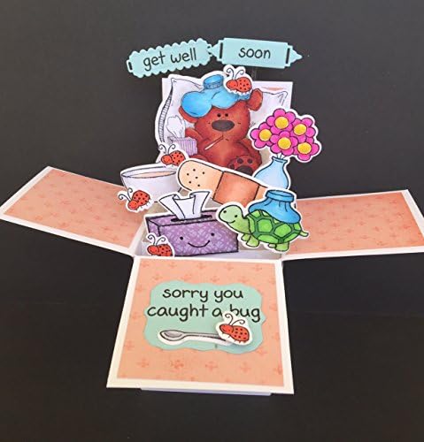 3D get well soon pop up box card - get better soon pop up card with cute bear who caught a bug, a bouquet of flowers, bandaid, tissue box