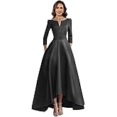 Ywwaaq Satin Mother of The Bride Dresses High-Low Long Sleeve V-Neck Formal Cocktail Dress with Pockets