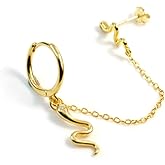 Punk Double Snake Small Hoop Cuff Earrings CZ Sterling Silver Huggie Stylish Animal Cartilage Studs Charm Chain Tassel Threader Dangle Drop Earring Two Holes Piercing for Women Girl 1pcs