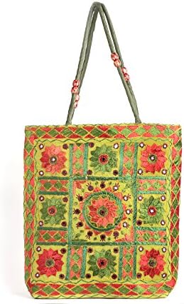 15"x 15" Top handle Embroidered Hippie Tote Hand Bag For Women (Olive Green) 