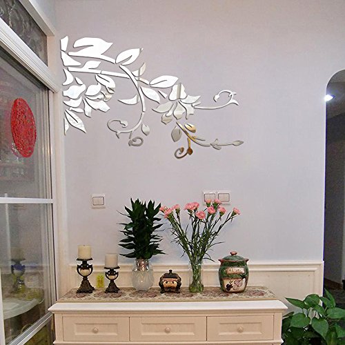 Rumas 3D Mirror Flower Wall Stickers for Living Room - DIY Home Decor for Bedroom Kitchen Kids Room - Removable Wall Murals Wall Decals - Silver Black Gold (Silver)