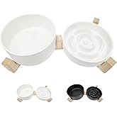 Ceramic Slow Feeder Dog Bowl Set-1 Cup Puzzle Dog Food Bowl & 850ML Water Bowl with Wooden Stand for Small and Medium Breed, Anti-Gulping,Anti-Chewing,Anti-Slip,White