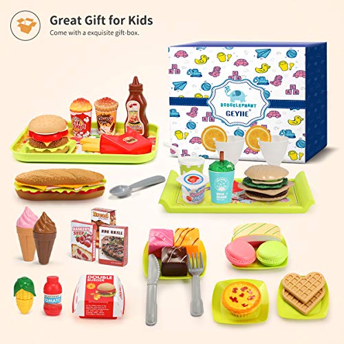 GeyiieTOYS 36 Stück Spiellebensmittel Kinderküche Lebensmittel Essen Spielen Set, DIY Hamburger, Schneiden Obst… – Bild 8