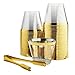 100 Gold Rimmed Plastic Cups and 1 Gold Ice Tong Set - 9 Ounce Disposable Cocktail Glasses - Fancy Wine Tumblers for Weddings, Birthdays, Engagements, and Bridal Showers - Elegant Party Supplies