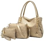 BG174; Women Butterfly Pendant 3 Pieces Gold Shoulder Handbags