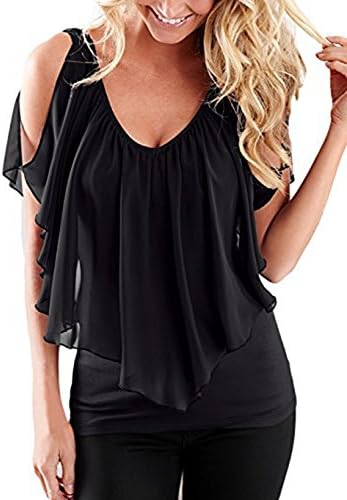 Vicheer Women's Stylish Summer Cold Shoulder Blouse Ruffle Front V Neck Chiffon Shirt Tops Black 3XL