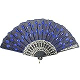 InnoLife® Elegant Colorful Embroidered Flower Peacock Pattern Sequin Fabric Folding Handheld Hand Fan Hand-crafted (Blue)