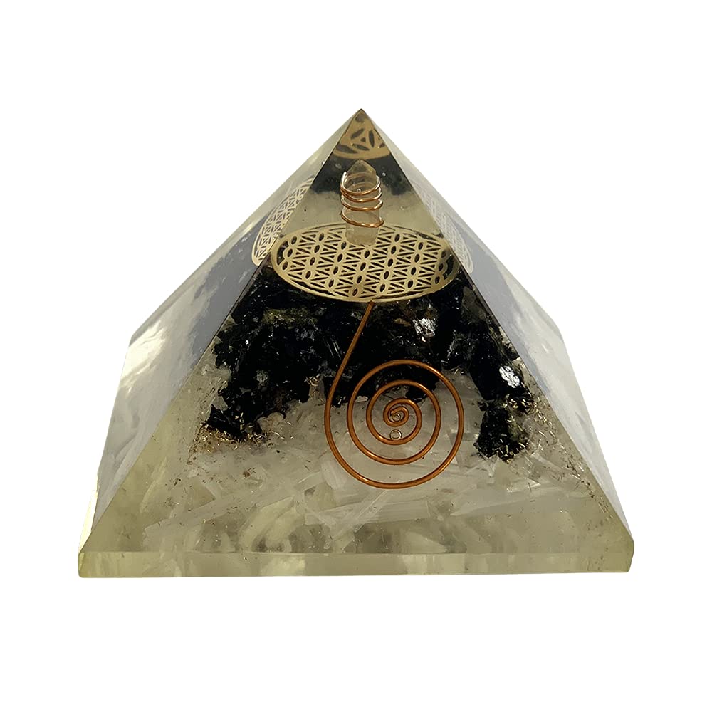 VIE Naturals Orgone Flower of Life Pyramid, Black Tourmaline & Selenite, 7.5cm
