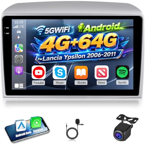 NHOPEEW 4+64G Android Autoradio per Lancia Ypsilon 2006-2011 con Carplay e Android Auto - Schermo incell da 9 pollici Supporto WiFi GPS Comandi al volante + Telecamera di retromarcia