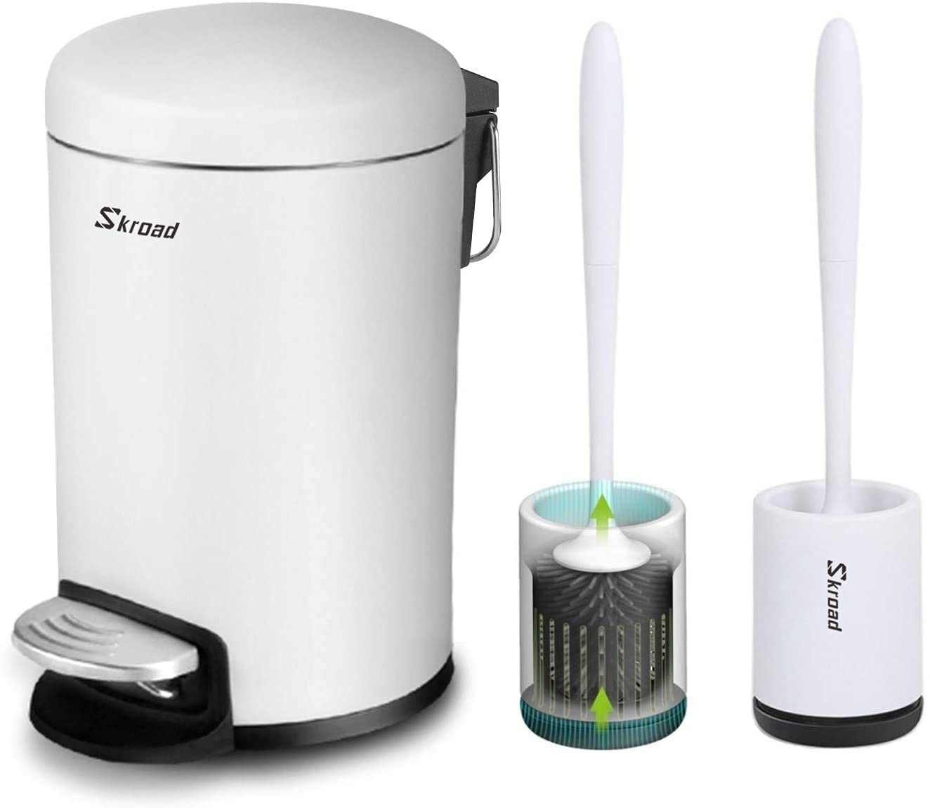 Skroad Round Step Trash Can with Silicone Toilet Brushes Set, Mini 3L Pedal Bins with Lids for Bathroom Toilet Bedroom Kitchen, White