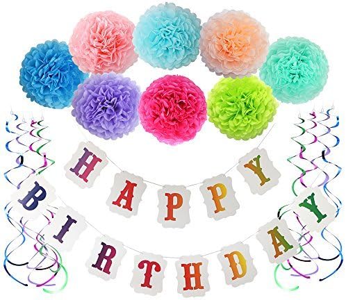 LITAUS Birthday Decorations for Girls&amp; Boys,Happy birthday banner with Pom Pom and Party Swirls for Baby girls first birthday decorations,Rainbow Birthday Party Supplies