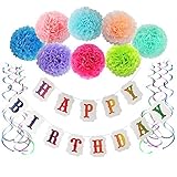 LITAUS Birthday Decorations for Girls& Boys,Happy birthday banner with Pom Pom and Party Swirls for Baby girls first birthday decorations,Rainbow Birthday Party Supplies
