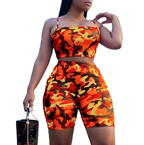 Womens Summer Sleeveless Spaghetti Strap Crop Top Camo 2 Piece Outfits High Waisted Skinny Shorts Pants Set Plus Size