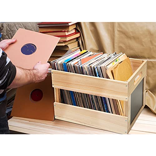 Apipi Handled Wooden Record Crate with Chalkboard Retro Rustic Wood