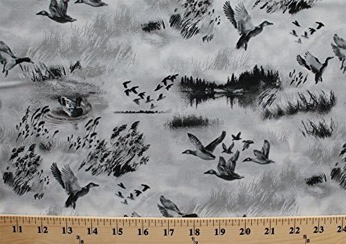 Cotton Goose Geese Ducks Aquatic Birds Waterfowl in Flight Flying Scenic Lake Pond Cattails Nature Wildlife Outdoors North by Northwest Black Gray Animals Cotton Fabric Print by the Yard (05738-99)